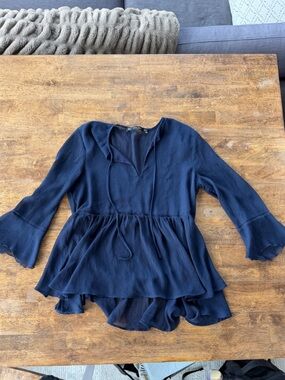 Zara Navy Ruffle Peplum Tie-Front Blouse